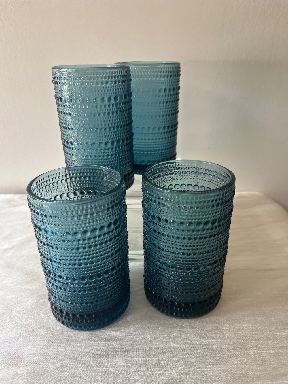 Vintage Style Blue Hobnail Beaded Drinking Glasses - Set of 4 Tumblers